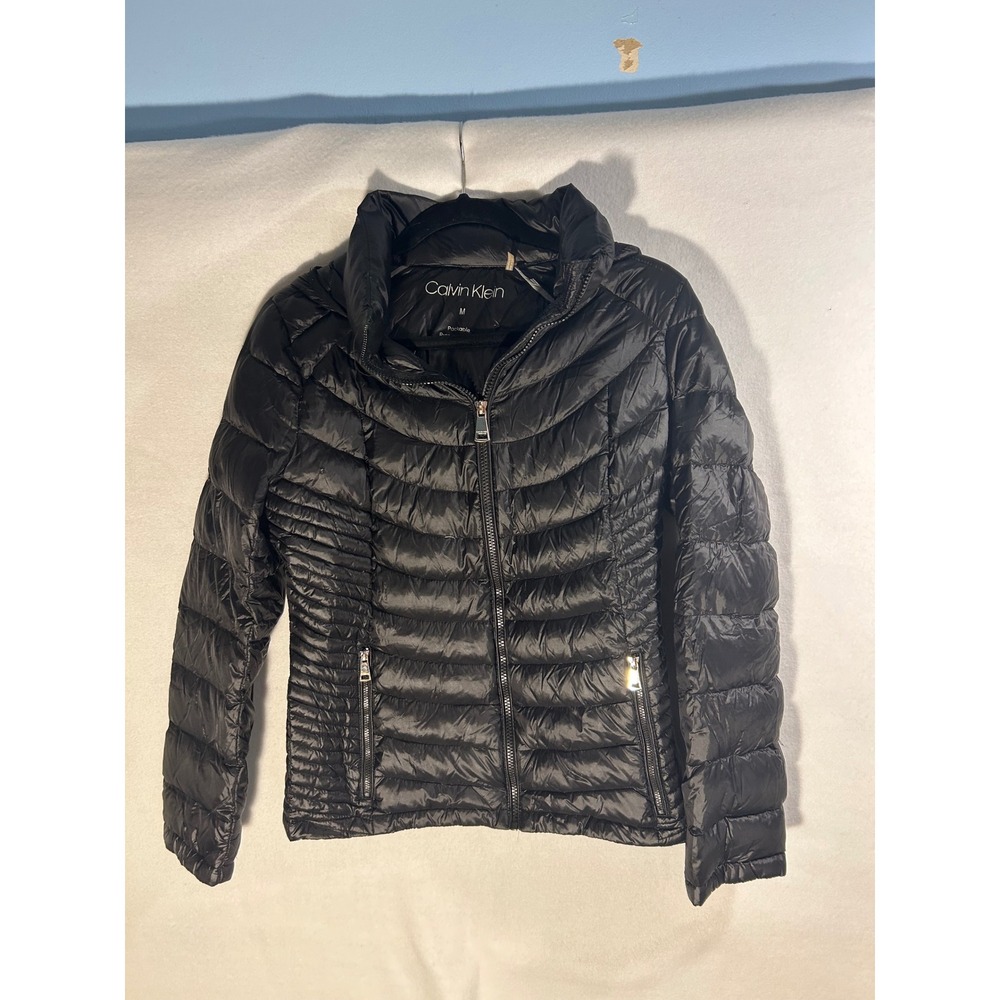 Calvin Klein Womens Packable Premium Down Puffer Jacket Black Hooded Medium M
